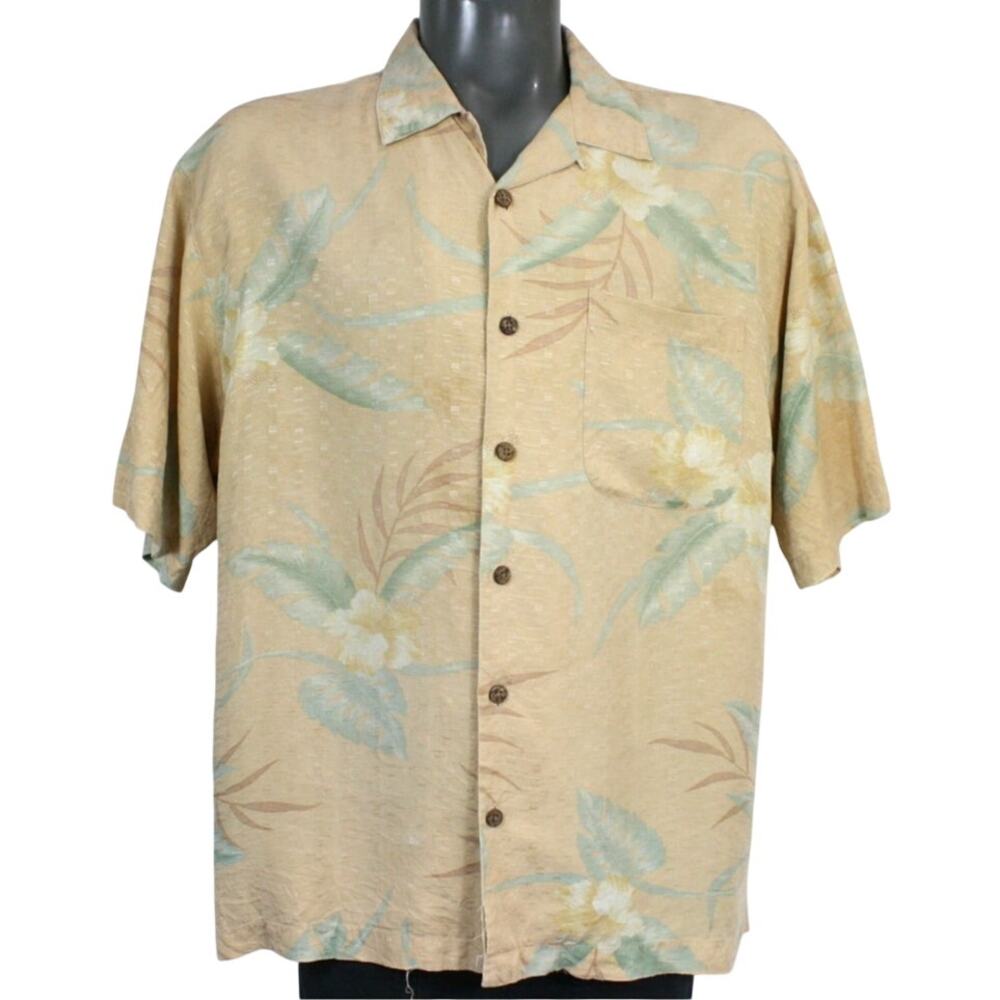 Vintage Tommy Bahama Silk Hawaiian Shirt Mens L Beige Floral Camp